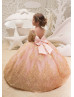 Elbow Sleeves Gold Lace Tulle Long Flower Girl Dress